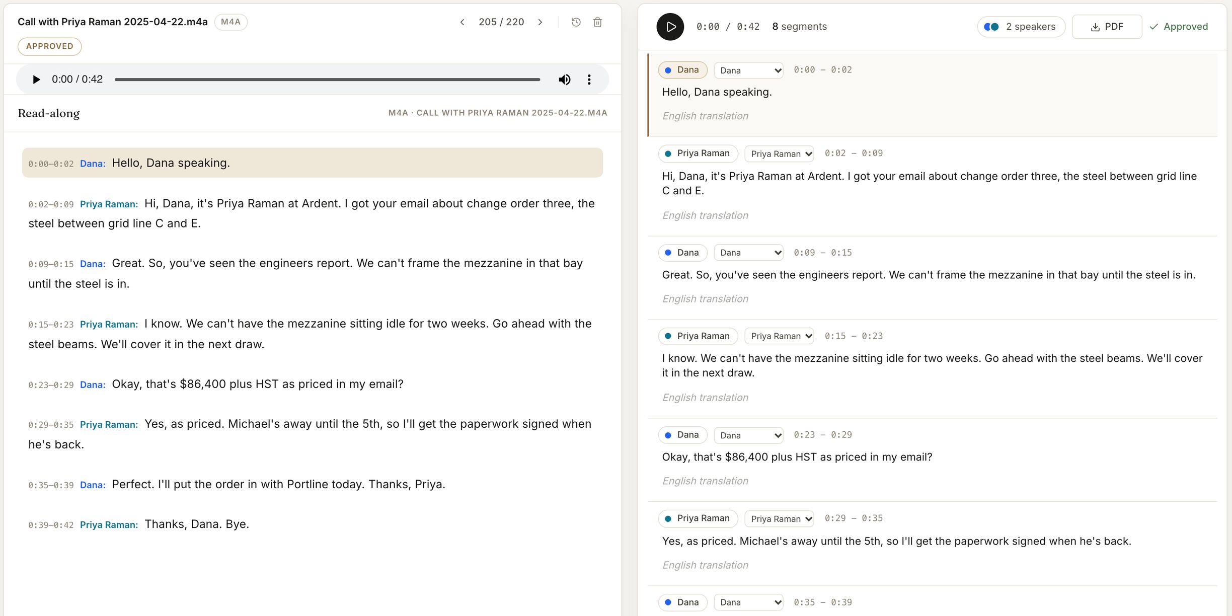 Trialstar review screen: a phone call transcribed into timestamped lines labelled by speaker, with a read-along player