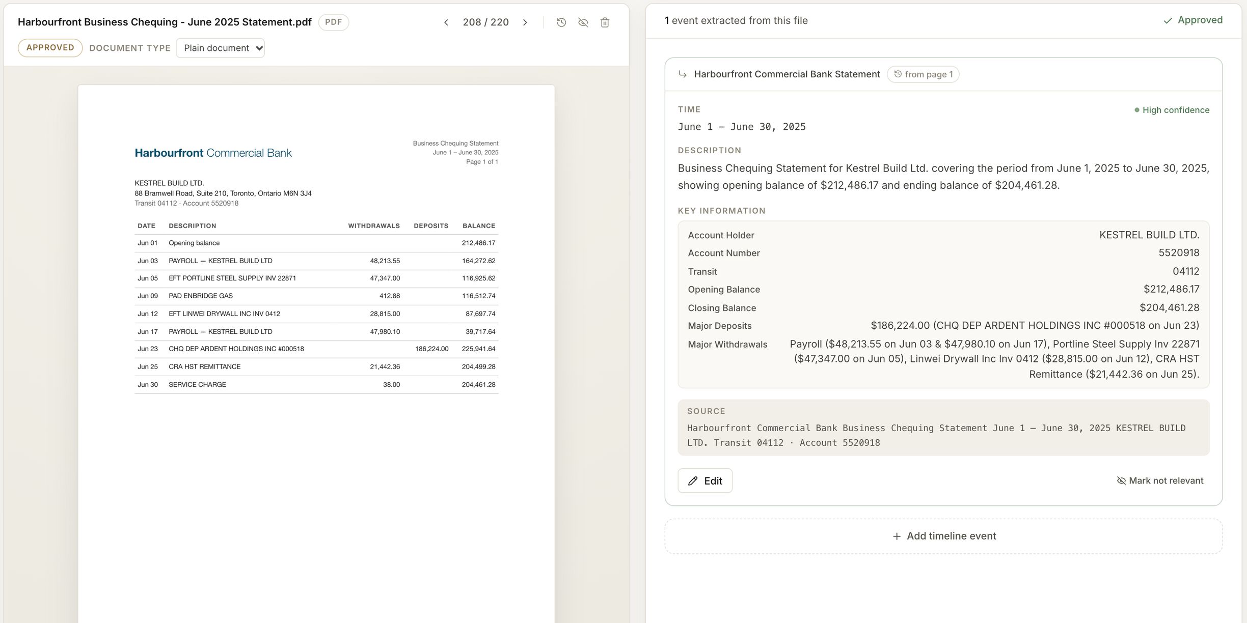 Trialstar review screen: a June 2025 business chequing statement beside its extracted account holder, balances, deposits, and withdrawals
