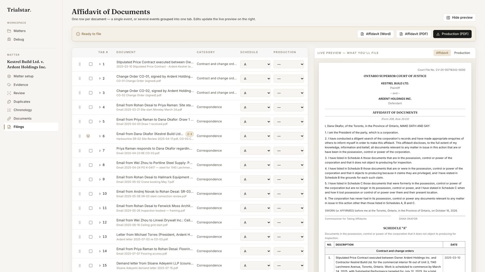 Trialstar Affidavit of Documents builder: numbered tabs with category and schedule, beside a live preview of the formatted affidavit